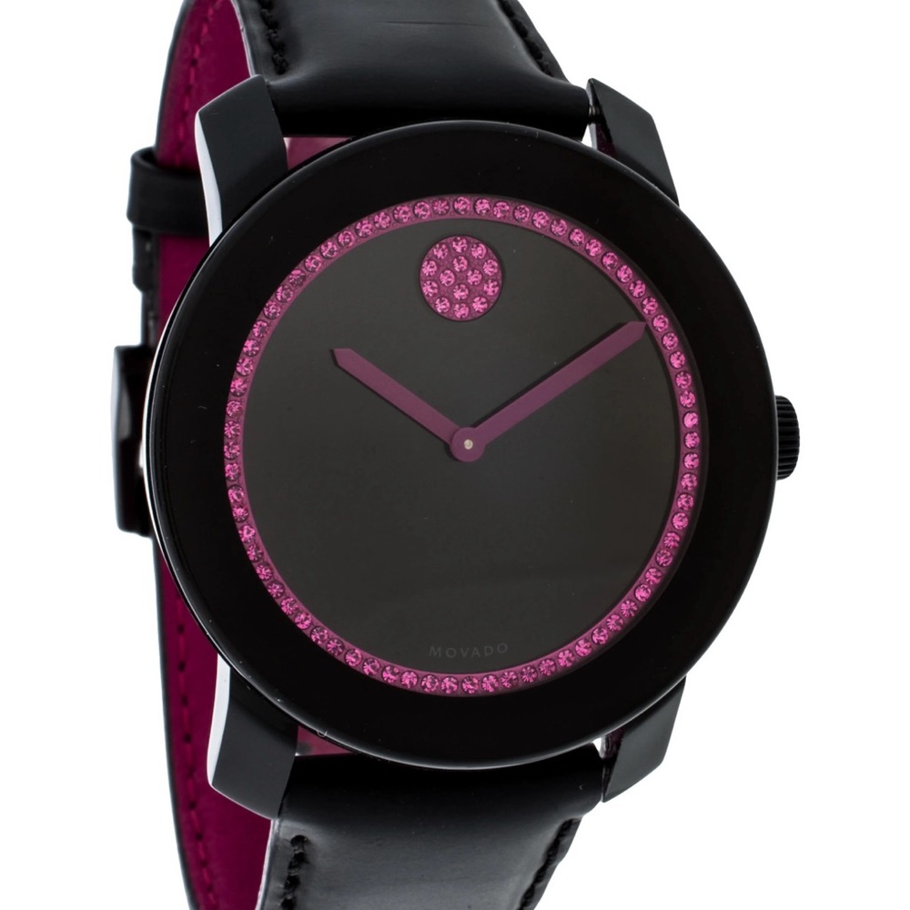 Movado Bold Black and Pink Watch Minimalist Design, pre-loved Unisex 42mm
